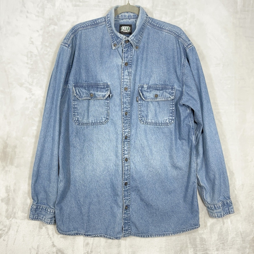 Key Denim Shirt Mens Large Tall Blue Long Sleeve Button Front Western Cowboy - Picture 2 of 12